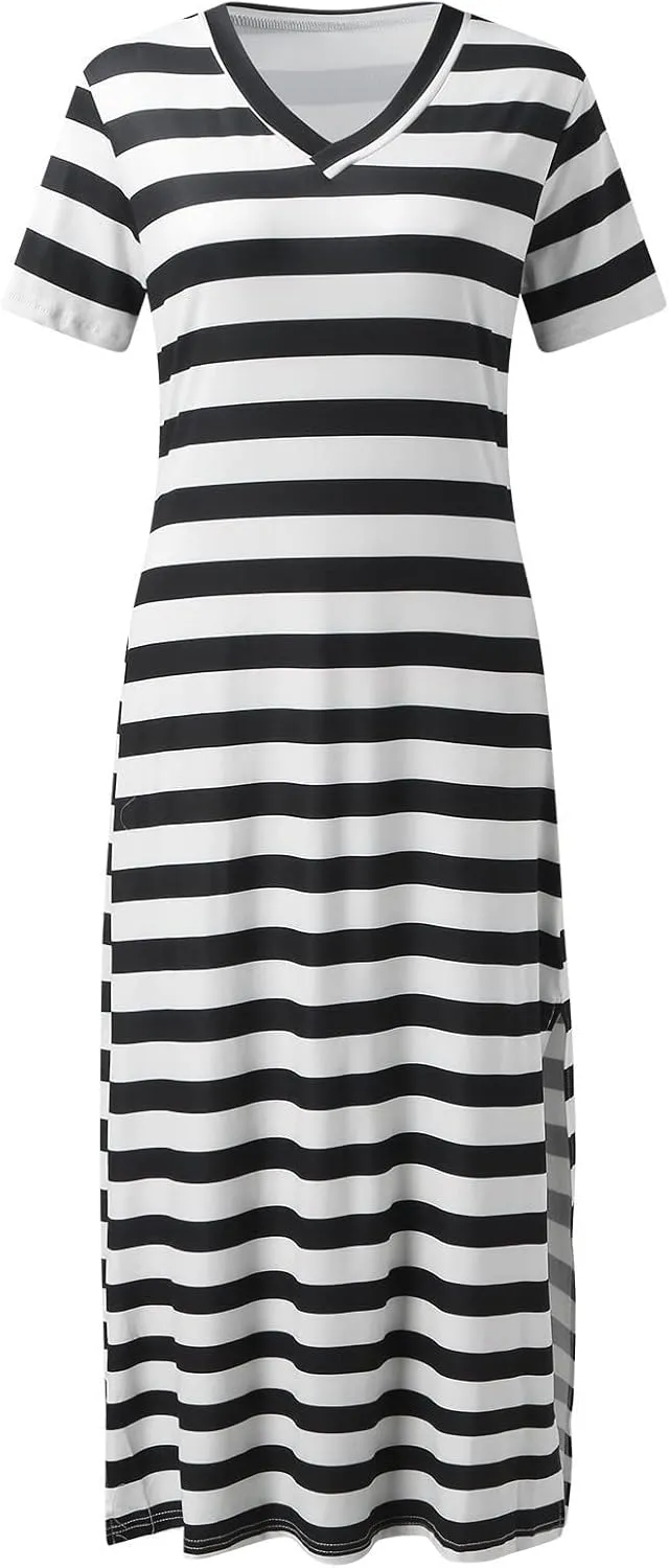 Women's Striped Short Sleeve Tshirt Dress Side Split Casual Midi Dresses Plus Size V Neck Loose Tunic Dress