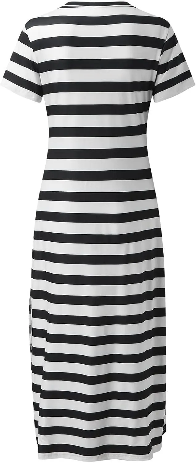 Women's Striped Short Sleeve Tshirt Dress Side Split Casual Midi Dresses Plus Size V Neck Loose Tunic Dress