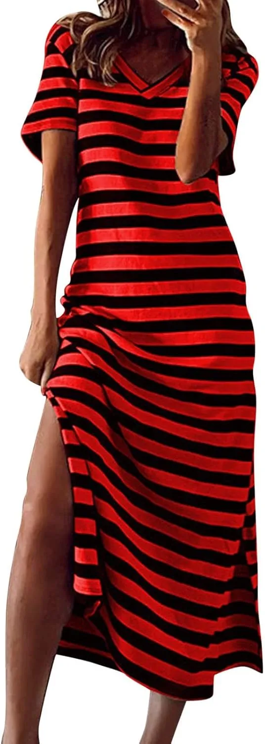 Women's Striped Short Sleeve Tshirt Dress Side Split Casual Midi Dresses Plus Size V Neck Loose Tunic Dress