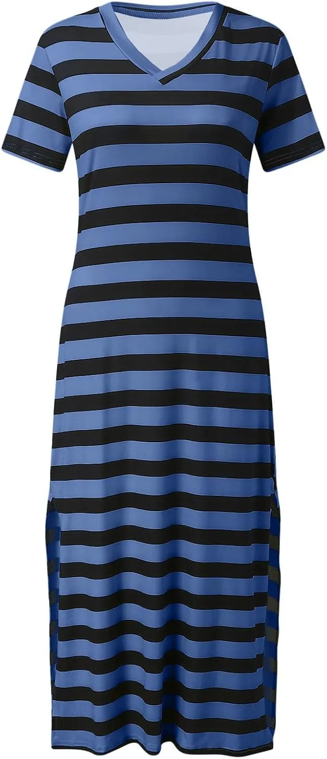 Women's Striped Short Sleeve Tshirt Dress Side Split Casual Midi Dresses Plus Size V Neck Loose Tunic Dress