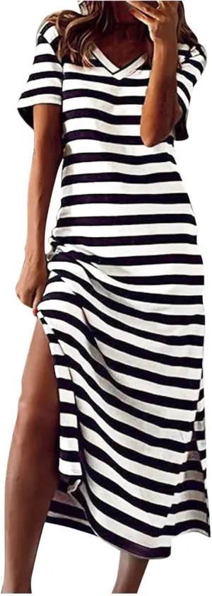 Women's Striped Short Sleeve Tshirt Dress Side Split Casual Midi Dresses Plus Size V Neck Loose Tunic Dress