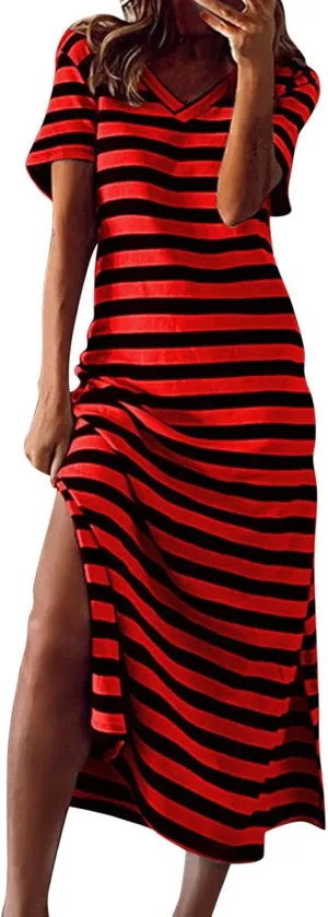 Women's Striped Short Sleeve Tshirt Dress Side Split Casual Midi Dresses Plus Size V Neck Loose Tunic Dress