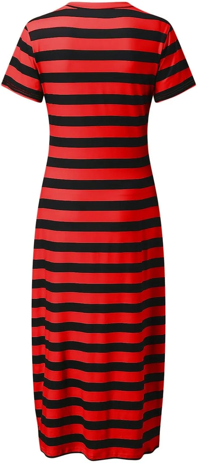 Women's Striped Short Sleeve Tshirt Dress Side Split Casual Midi Dresses Plus Size V Neck Loose Tunic Dress