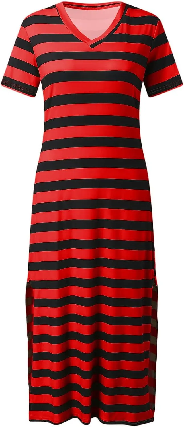 Women's Striped Short Sleeve Tshirt Dress Side Split Casual Midi Dresses Plus Size V Neck Loose Tunic Dress