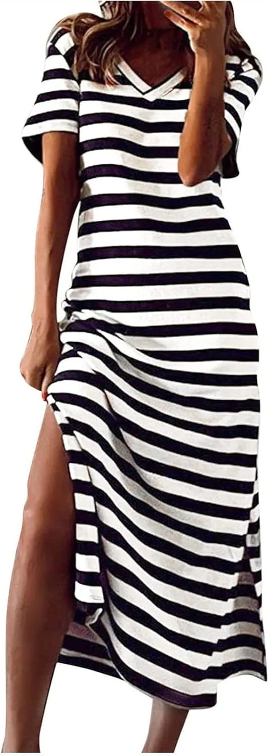 Women's Striped Short Sleeve Tshirt Dress Side Split Casual Midi Dresses Plus Size V Neck Loose Tunic Dress