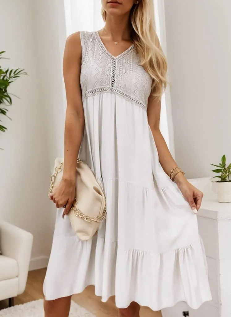 Womens Summer Boho Midi Dress Casual V Neck Lace Flowy White Dress Sleeveless Tiered Beach Dress Plus Size