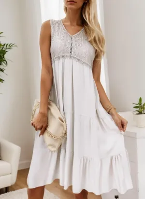 Womens Summer Boho Midi Dress Casual V Neck Lace Flowy White Dress Sleeveless Tiered Beach Dress Plus Size