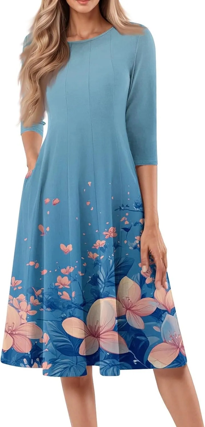 Women's Summer Casual Loose Trendy Crew Neck 3/4 Sleeve Floral Print Midi Boho Dresses 2025 Plus Size, S-3XL