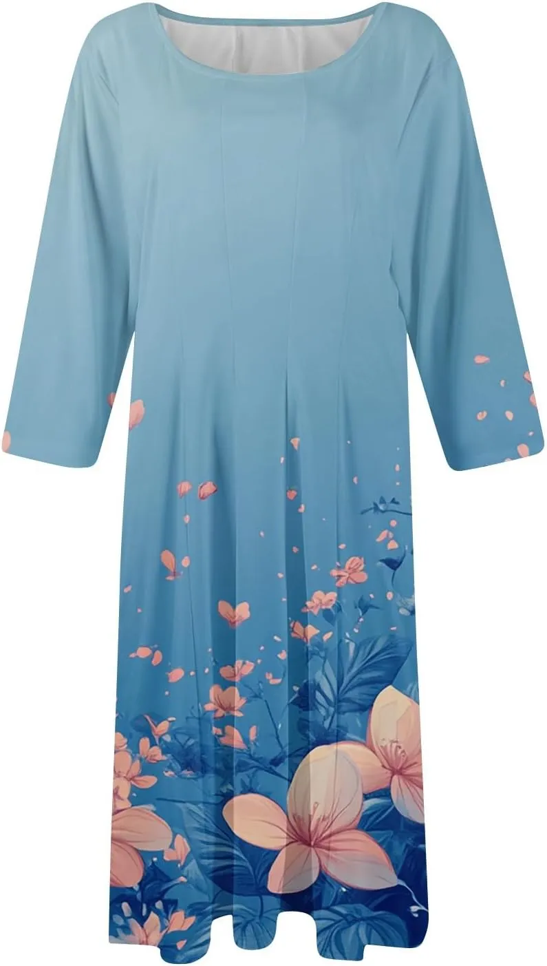 Women's Summer Casual Loose Trendy Crew Neck 3/4 Sleeve Floral Print Midi Boho Dresses 2025 Plus Size, S-3XL