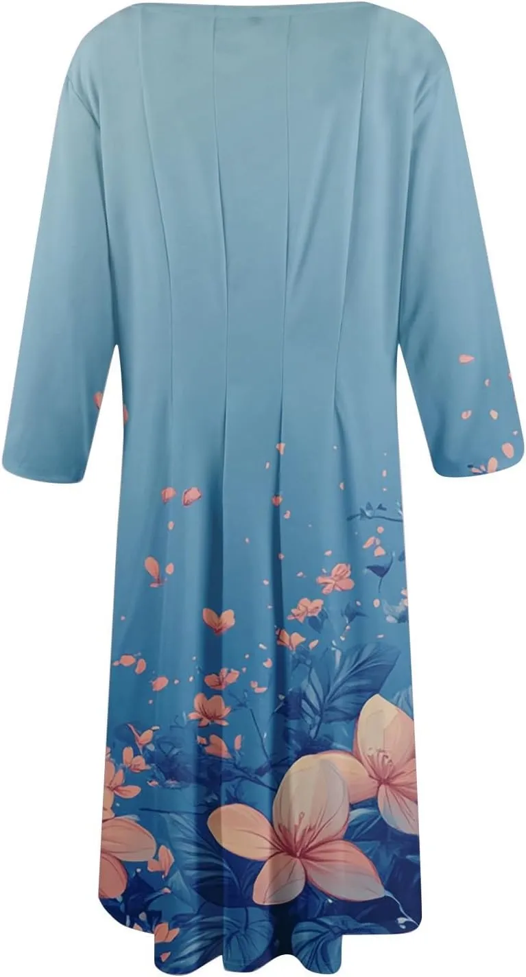 Women's Summer Casual Loose Trendy Crew Neck 3/4 Sleeve Floral Print Midi Boho Dresses 2025 Plus Size, S-3XL