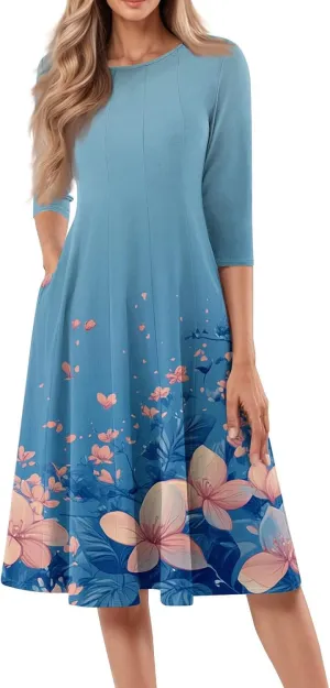Women's Summer Casual Loose Trendy Crew Neck 3/4 Sleeve Floral Print Midi Boho Dresses 2025 Plus Size, S-3XL