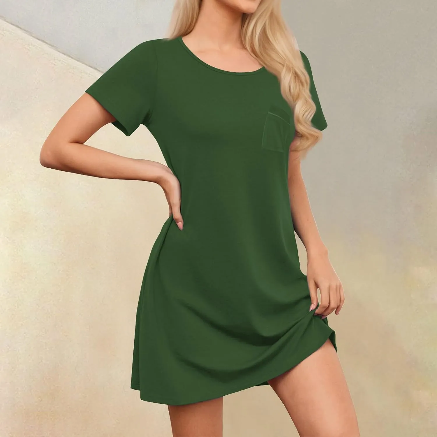 Women's Summer Casual Trendy Dress Solid Color Round Neck Short Sleeve Flowy Midi Dresses with Pockets, S-3XL