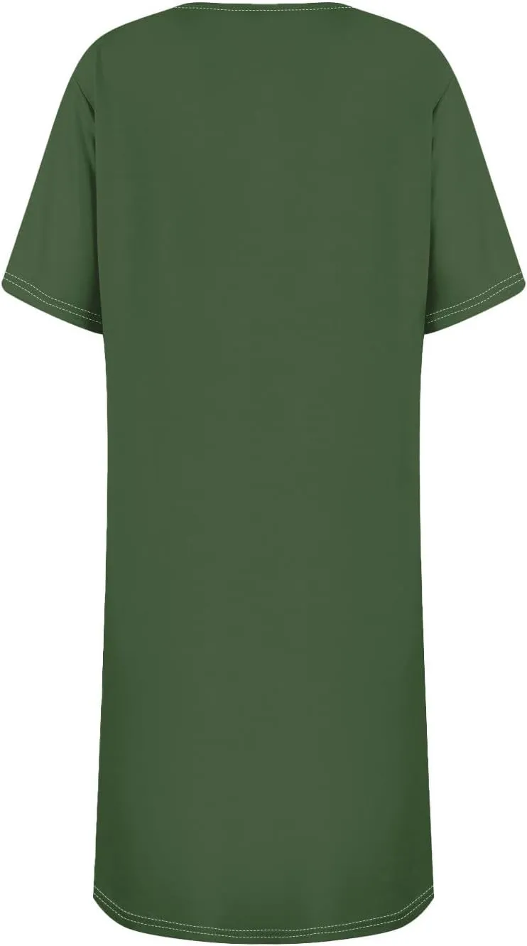 Women's Summer Casual Trendy Dress Solid Color Round Neck Short Sleeve Flowy Midi Dresses with Pockets, S-3XL