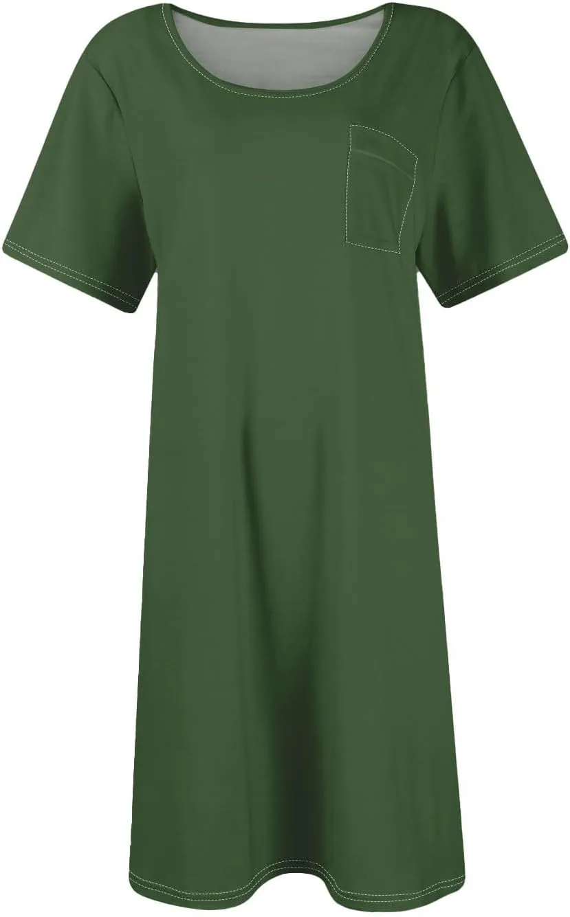 Women's Summer Casual Trendy Dress Solid Color Round Neck Short Sleeve Flowy Midi Dresses with Pockets, S-3XL