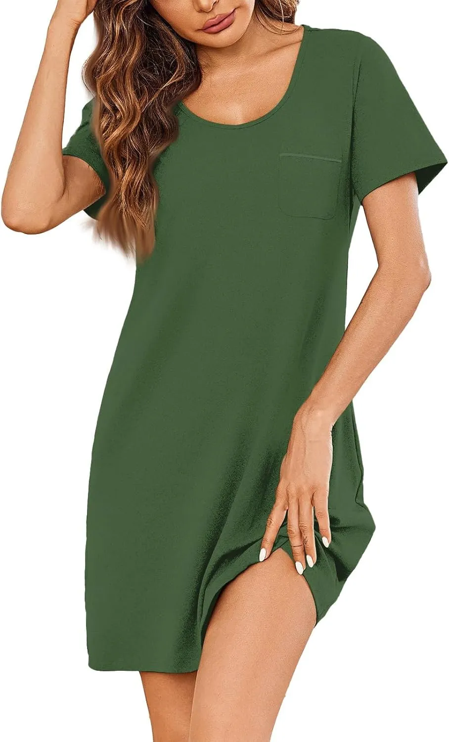 Women's Summer Casual Trendy Dress Solid Color Round Neck Short Sleeve Flowy Midi Dresses with Pockets, S-3XL