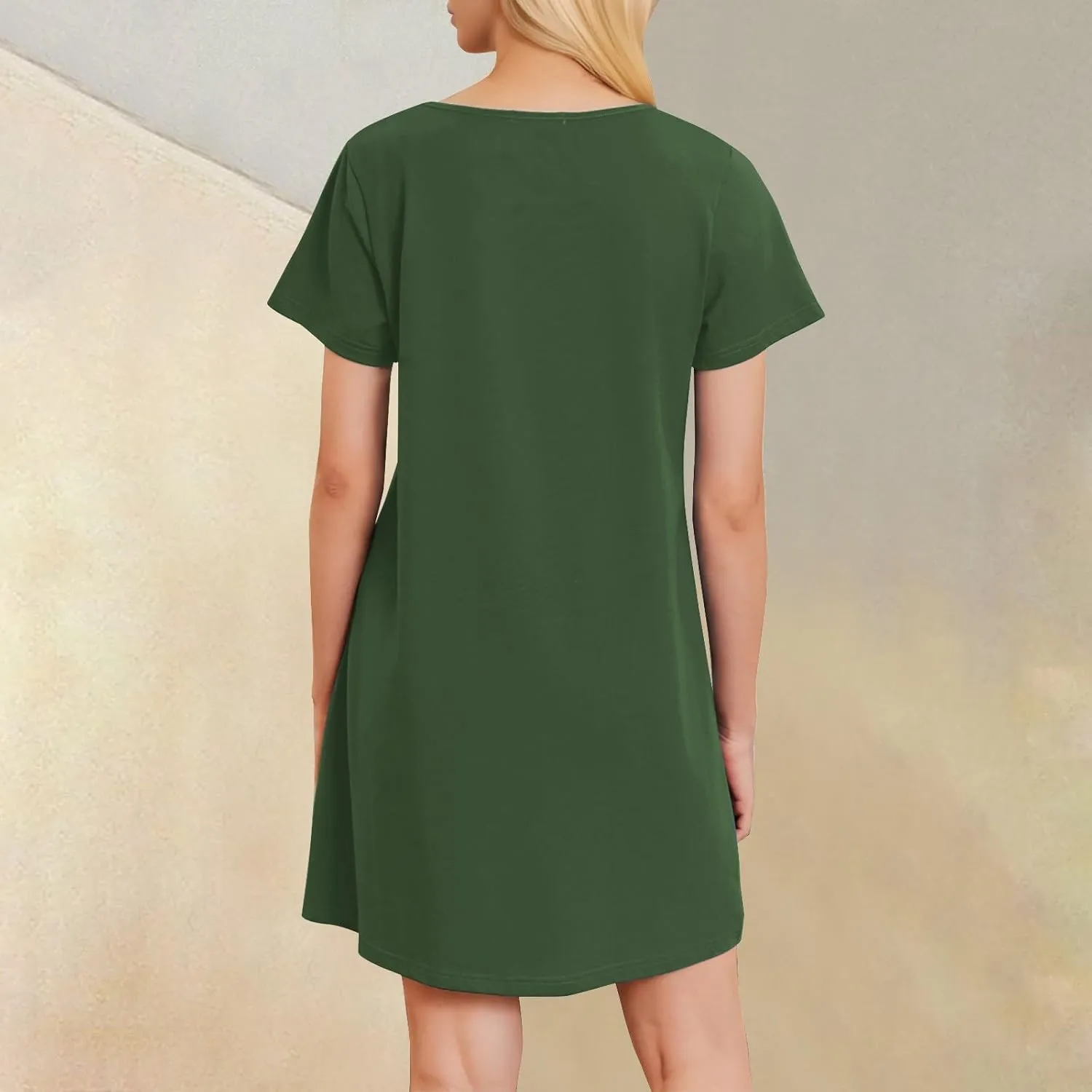 Women's Summer Casual Trendy Dress Solid Color Round Neck Short Sleeve Flowy Midi Dresses with Pockets, S-3XL