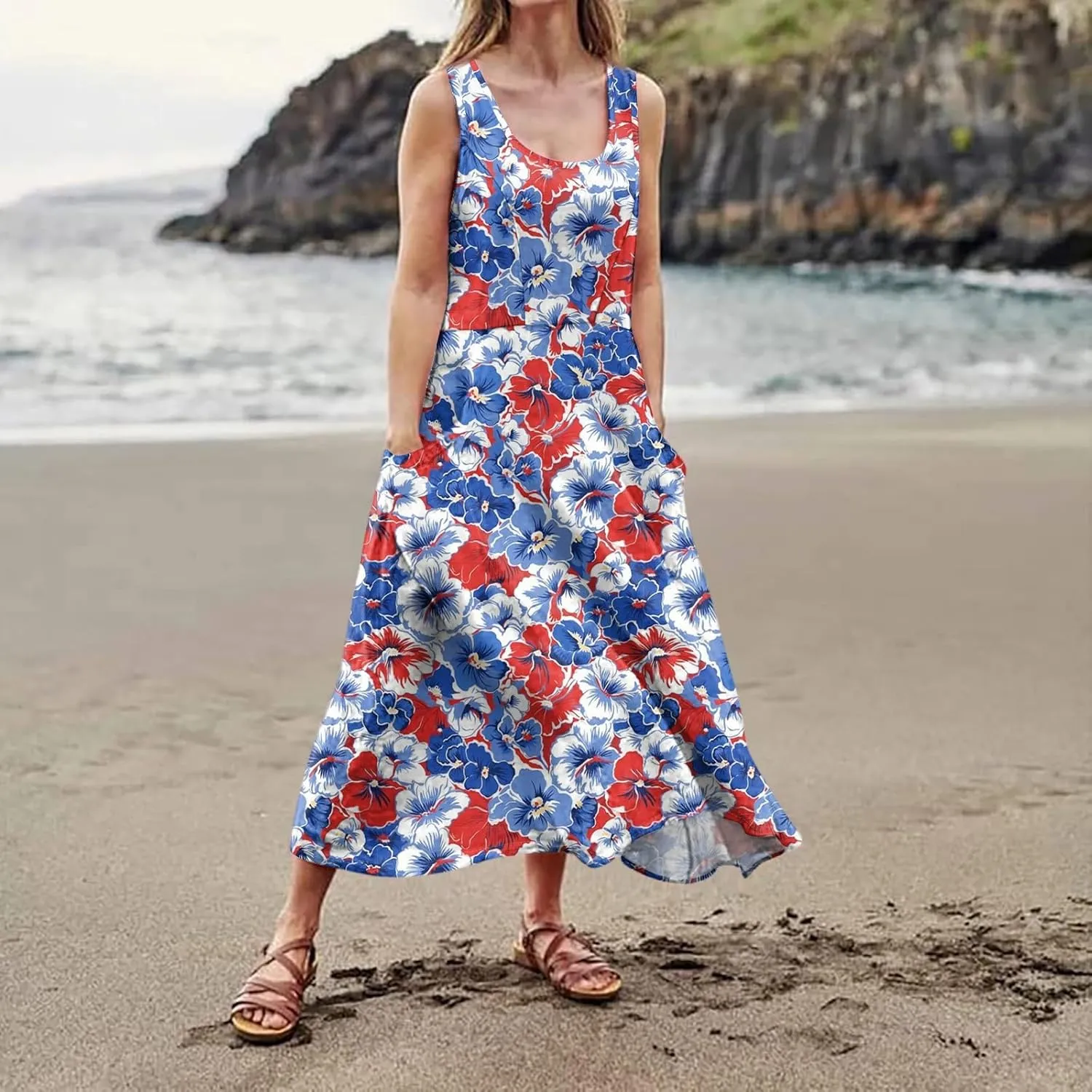 Women's Summer Cotton Maxi Dress Sleeveless Elegant Flowy Dresses 2025 Plus Size Loose Comfy Sundress with Pockets