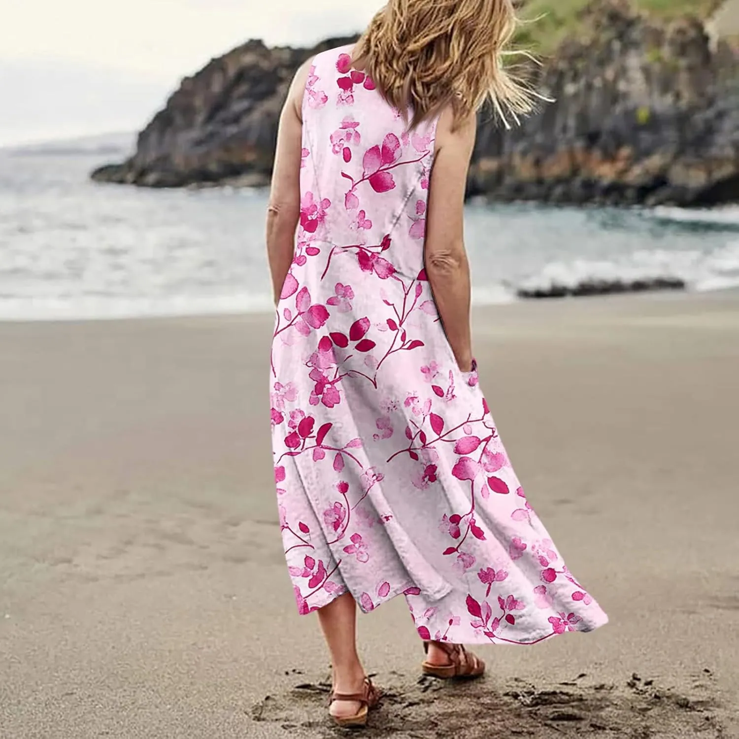 Women's Summer Cotton Maxi Dress Sleeveless Elegant Flowy Dresses 2025 Plus Size Loose Comfy Sundress with Pockets