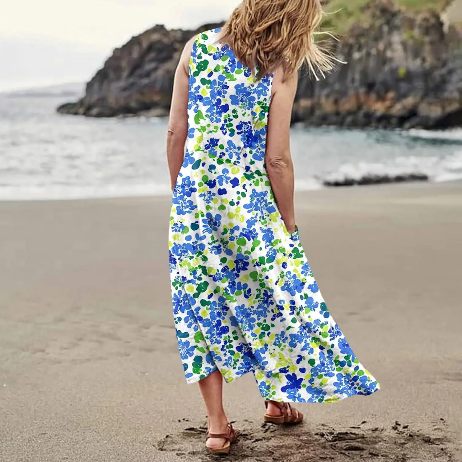 Women's Summer Cotton Maxi Dress Sleeveless Elegant Flowy Dresses 2025 Plus Size Loose Comfy Sundress with Pockets
