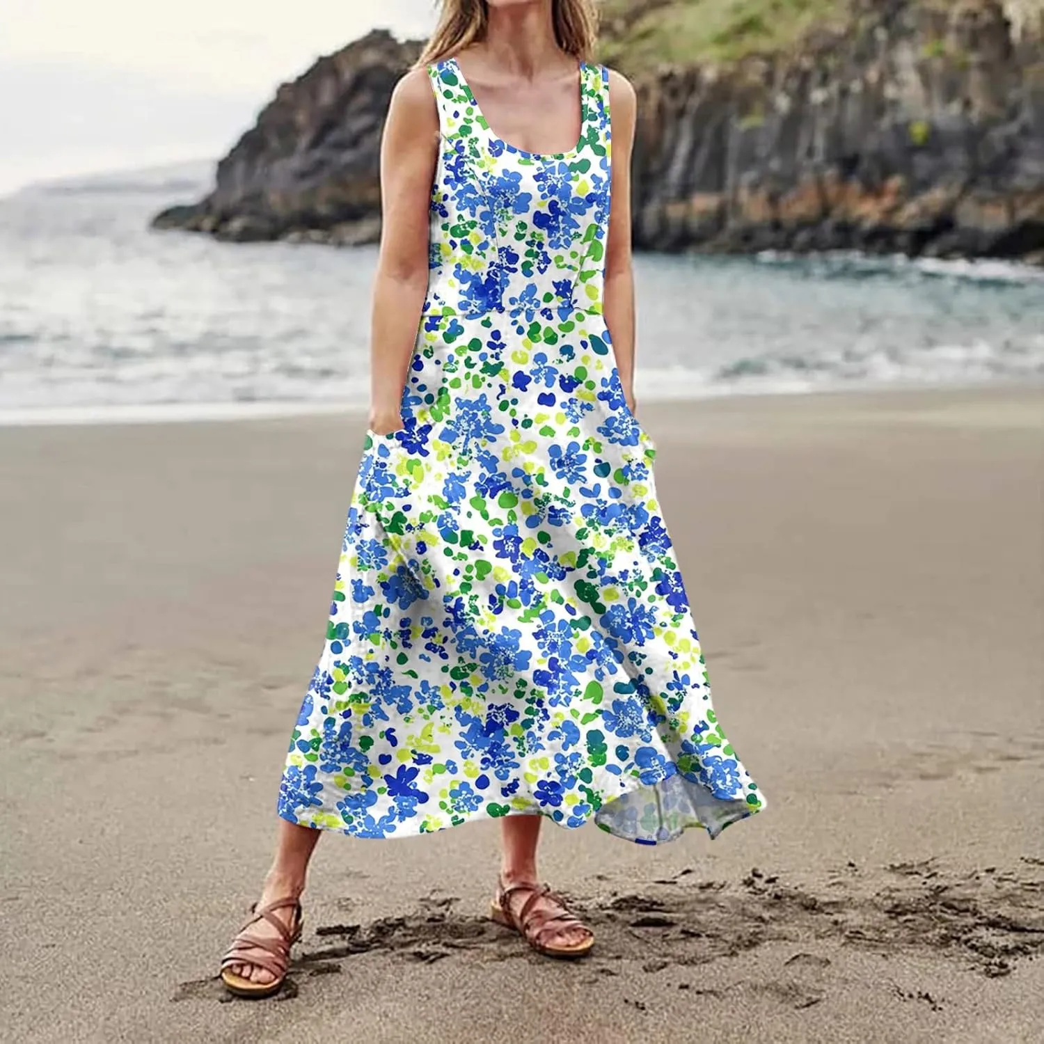Women's Summer Cotton Maxi Dress Sleeveless Elegant Flowy Dresses 2025 Plus Size Loose Comfy Sundress with Pockets