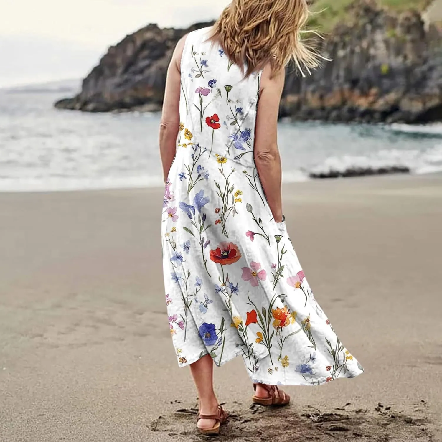 Women's Summer Cotton Maxi Dress Sleeveless Elegant Flowy Dresses 2025 Plus Size Loose Comfy Sundress with Pockets