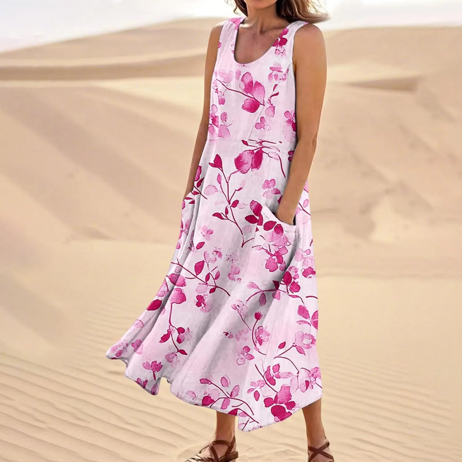 Women's Summer Cotton Maxi Dress Sleeveless Elegant Flowy Dresses 2025 Plus Size Loose Comfy Sundress with Pockets