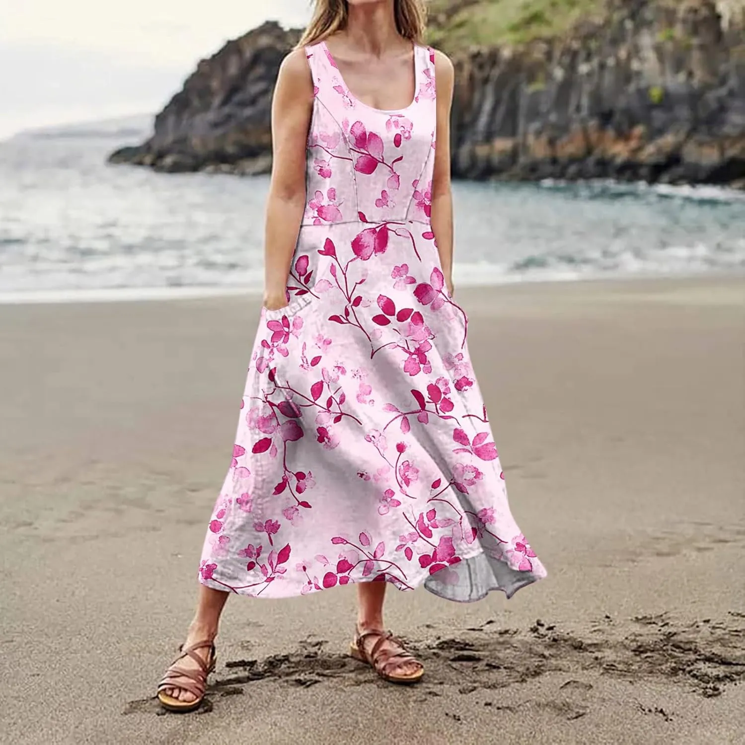 Women's Summer Cotton Maxi Dress Sleeveless Elegant Flowy Dresses 2025 Plus Size Loose Comfy Sundress with Pockets