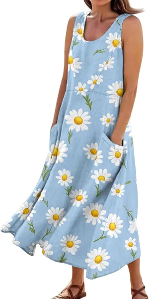 Women's Summer Cotton Maxi Dress Sleeveless Elegant Flowy Dresses 2025 Plus Size Loose Comfy Sundress with Pockets