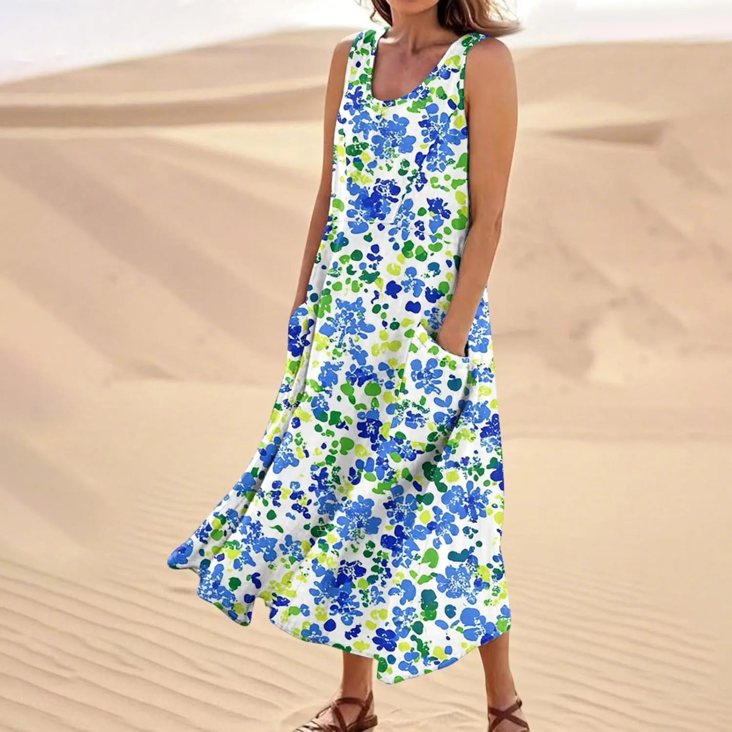 Women's Summer Cotton Maxi Dress Sleeveless Elegant Flowy Dresses 2025 Plus Size Loose Comfy Sundress with Pockets