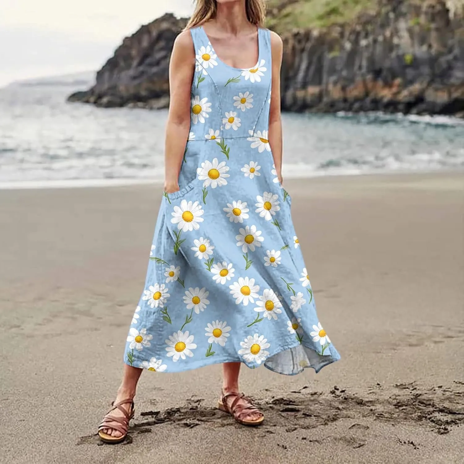 Women's Summer Cotton Maxi Dress Sleeveless Elegant Flowy Dresses 2025 Plus Size Loose Comfy Sundress with Pockets