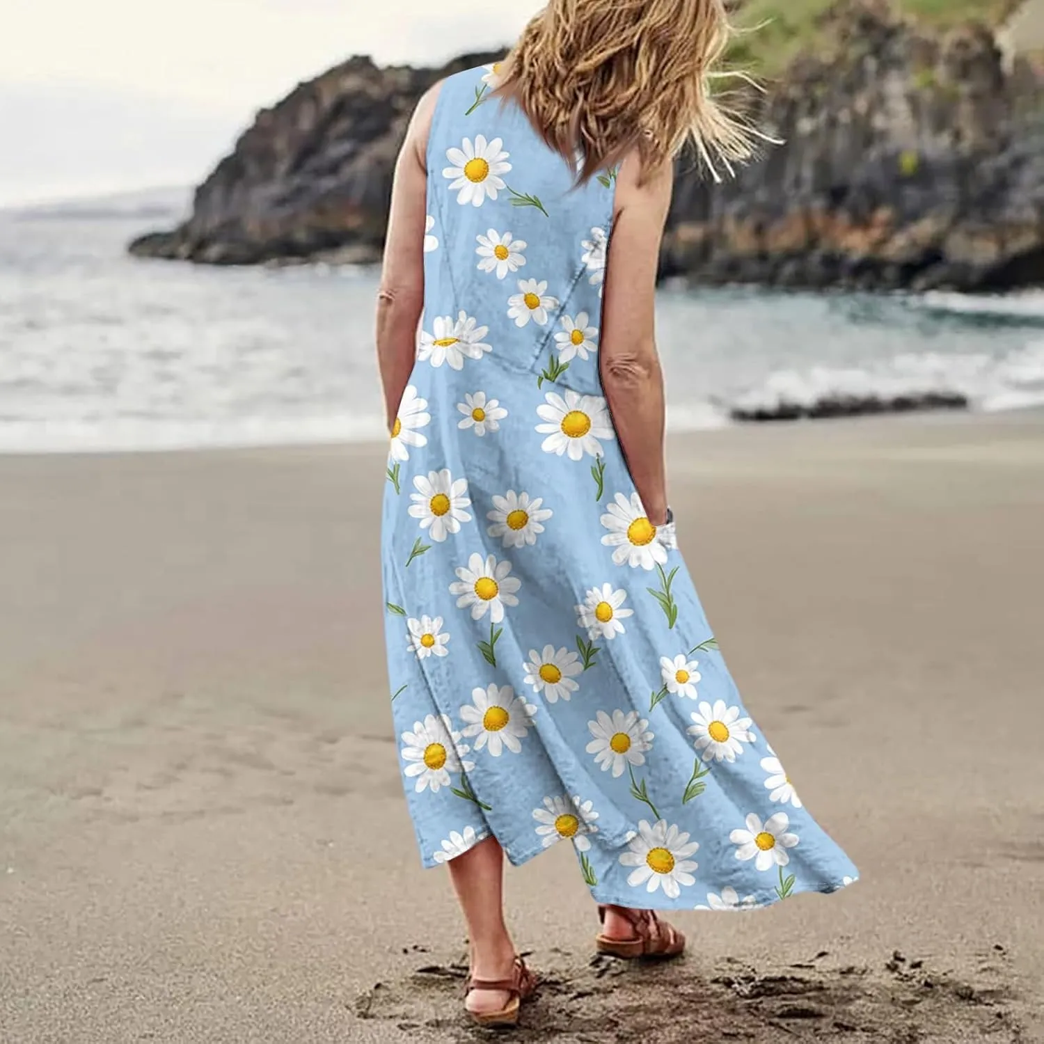 Women's Summer Cotton Maxi Dress Sleeveless Elegant Flowy Dresses 2025 Plus Size Loose Comfy Sundress with Pockets