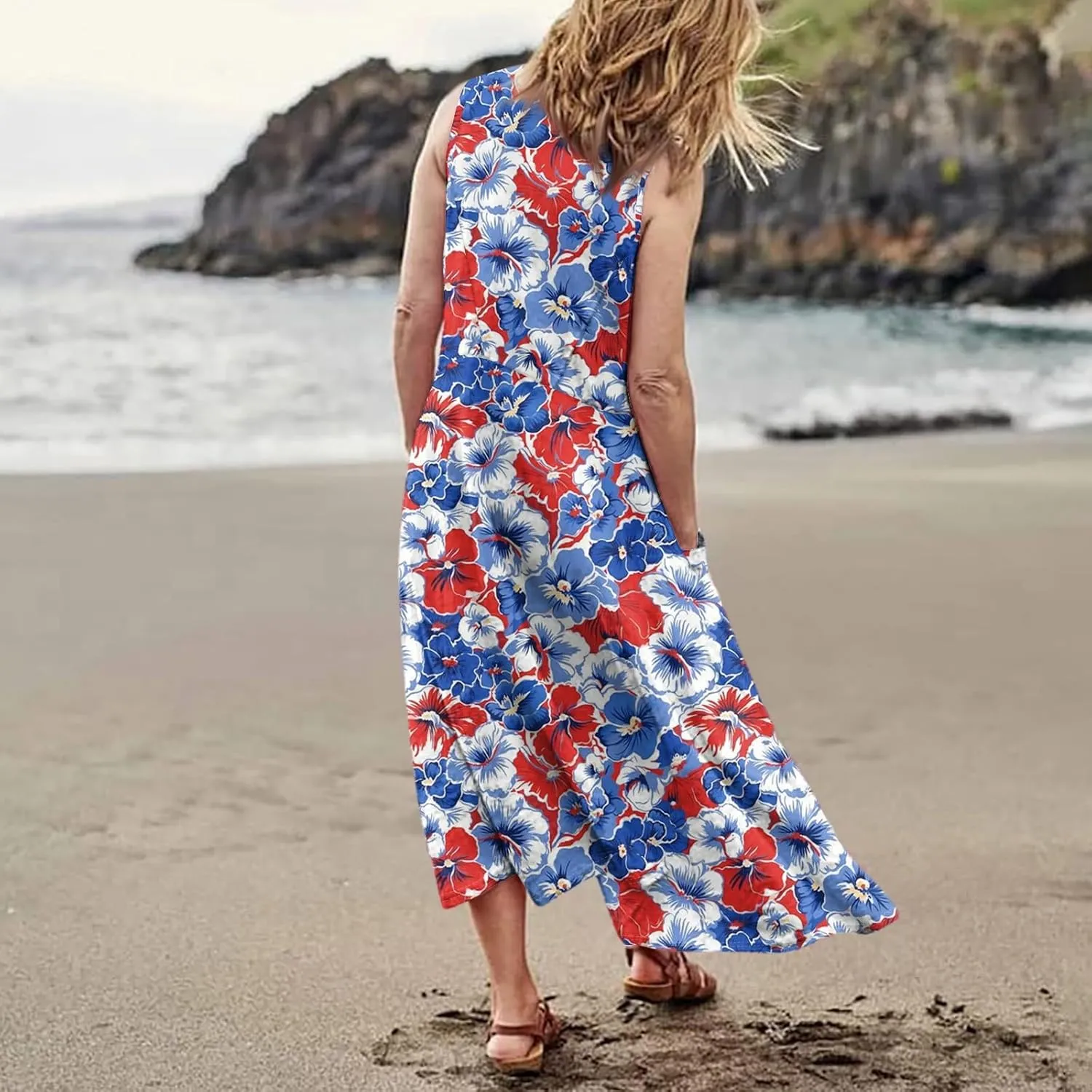 Women's Summer Cotton Maxi Dress Sleeveless Elegant Flowy Dresses 2025 Plus Size Loose Comfy Sundress with Pockets