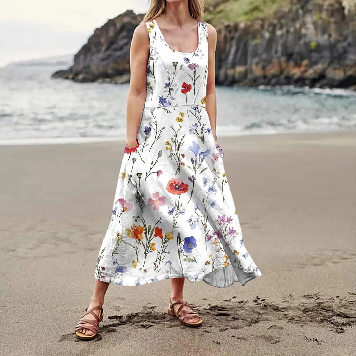 Women's Summer Cotton Maxi Dress Sleeveless Elegant Flowy Dresses 2025 Plus Size Loose Comfy Sundress with Pockets