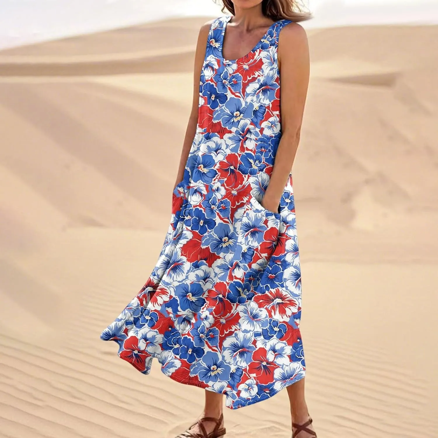 Women's Summer Cotton Maxi Dress Sleeveless Elegant Flowy Dresses 2025 Plus Size Loose Comfy Sundress with Pockets