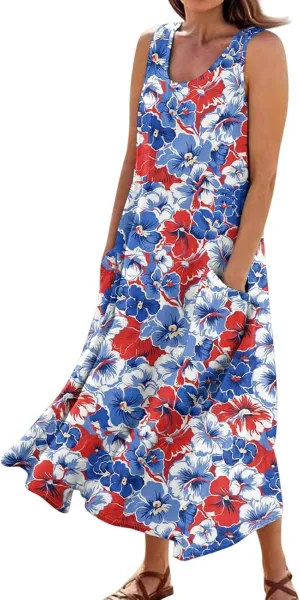 Women's Summer Cotton Maxi Dress Sleeveless Elegant Flowy Dresses 2025 Plus Size Loose Comfy Sundress with Pockets
