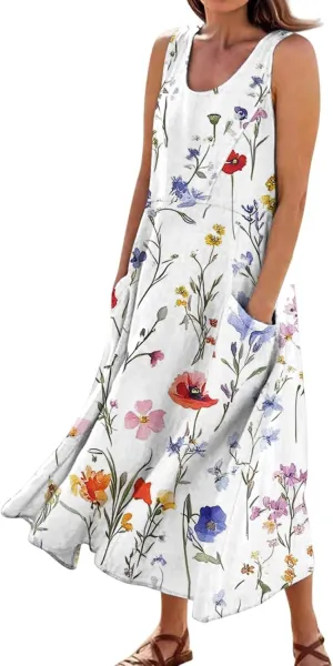 Women's Summer Cotton Maxi Dress Sleeveless Elegant Flowy Dresses 2025 Plus Size Loose Comfy Sundress with Pockets