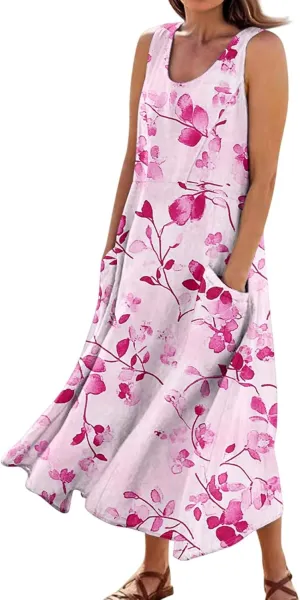 Women's Summer Cotton Maxi Dress Sleeveless Elegant Flowy Dresses 2025 Plus Size Loose Comfy Sundress with Pockets