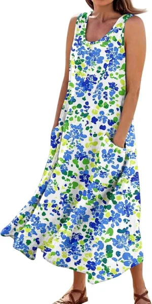 Women's Summer Cotton Maxi Dress Sleeveless Elegant Flowy Dresses 2025 Plus Size Loose Comfy Sundress with Pockets