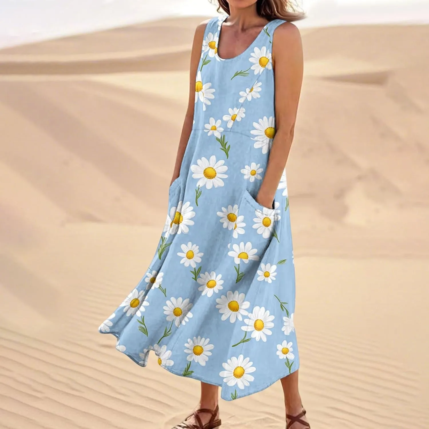Women's Summer Cotton Maxi Dress Sleeveless Elegant Flowy Dresses 2025 Plus Size Loose Comfy Sundress with Pockets