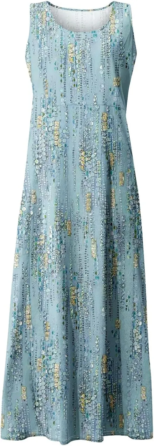 Womens Summer Dresses Beach Long Dress Sleeveless Elegant Flowy Dresses Plus Size Loose Dress with Pockets