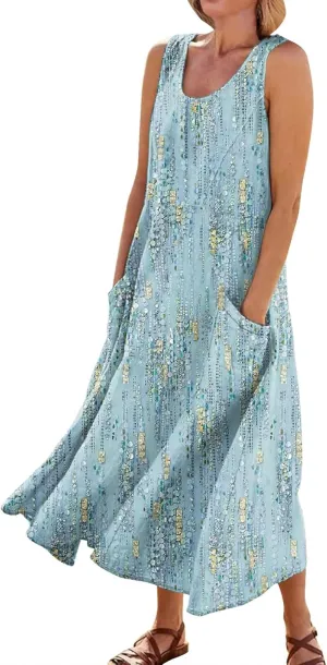 Womens Summer Dresses Beach Long Dress Sleeveless Elegant Flowy Dresses Plus Size Loose Dress with Pockets