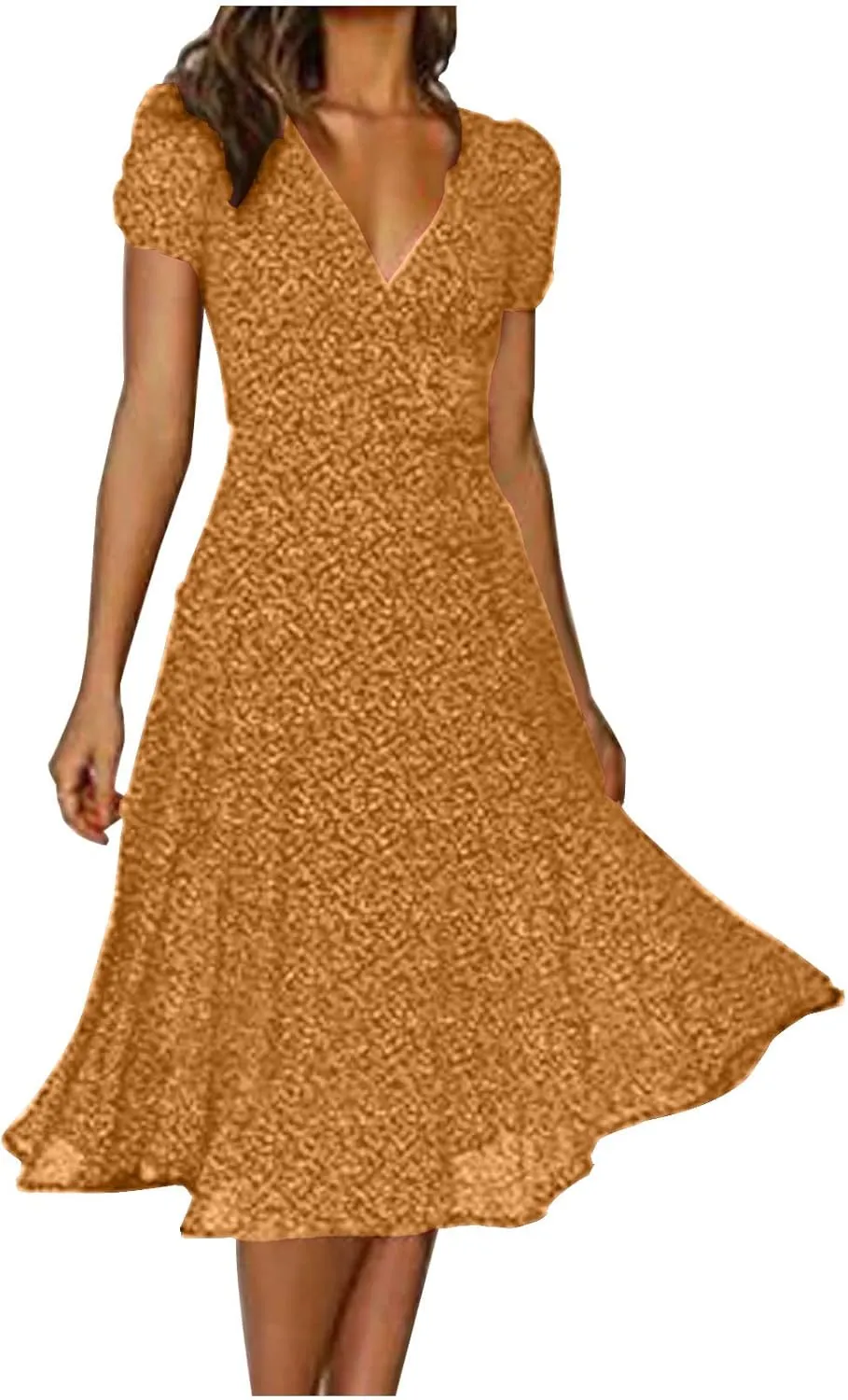Womens Summer Dresses for Vacation Short Sleeve V Neck Polka Dot Dress Elegant Ruffle Hem Swing Flowy Midi Dress
