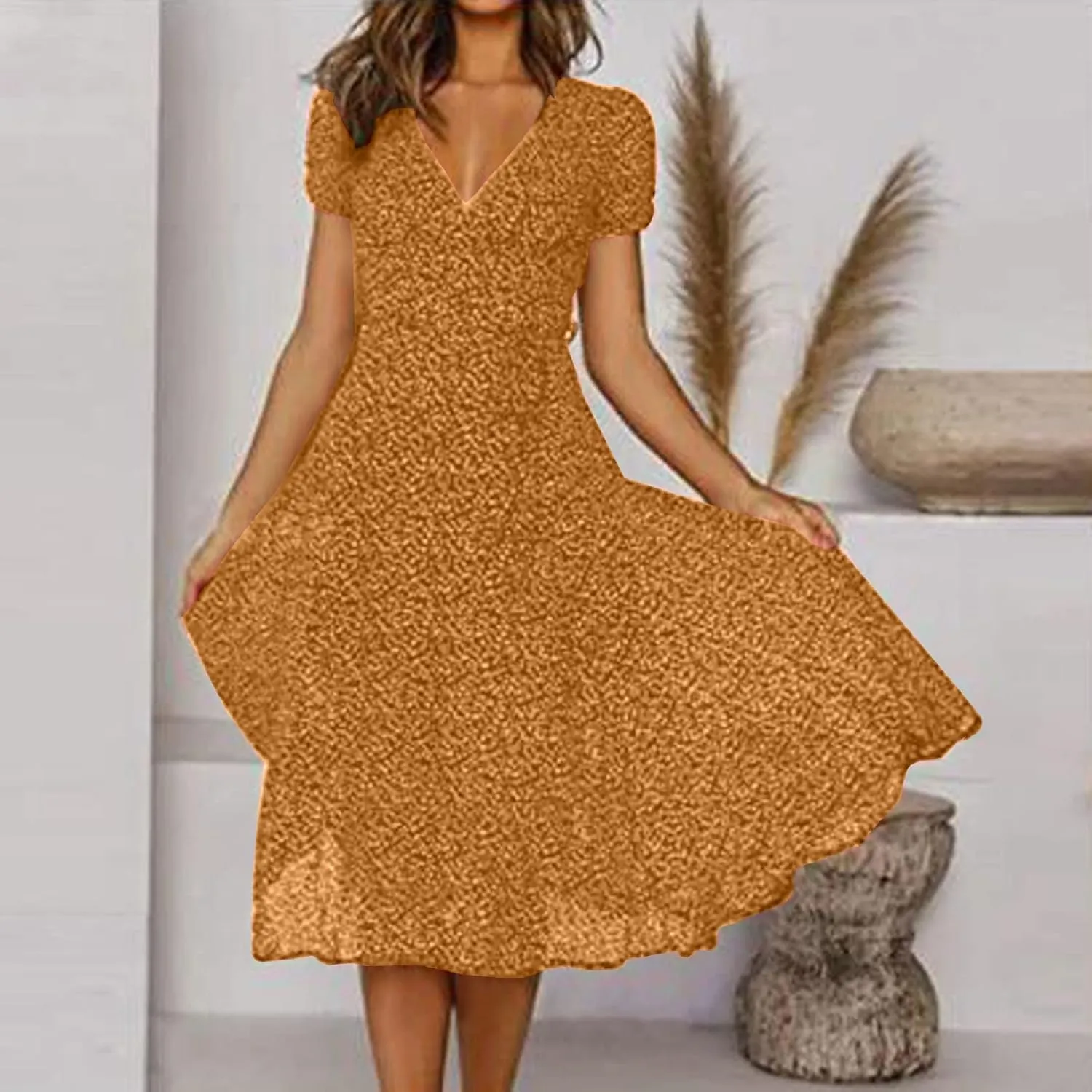 Womens Summer Dresses for Vacation Short Sleeve V Neck Polka Dot Dress Elegant Ruffle Hem Swing Flowy Midi Dress