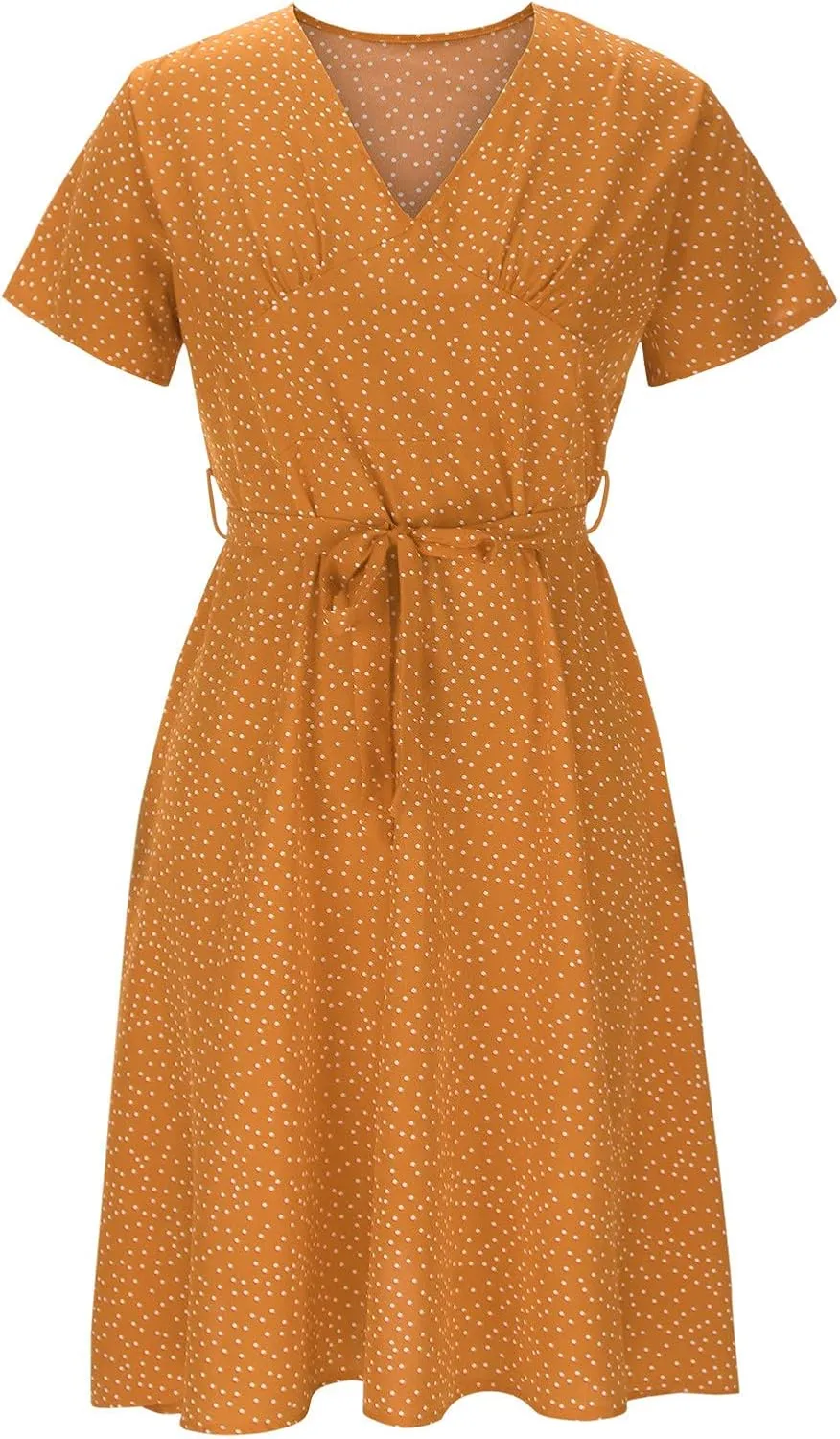 Womens Summer Dresses for Vacation Short Sleeve V Neck Polka Dot Dress Elegant Ruffle Hem Swing Flowy Midi Dress