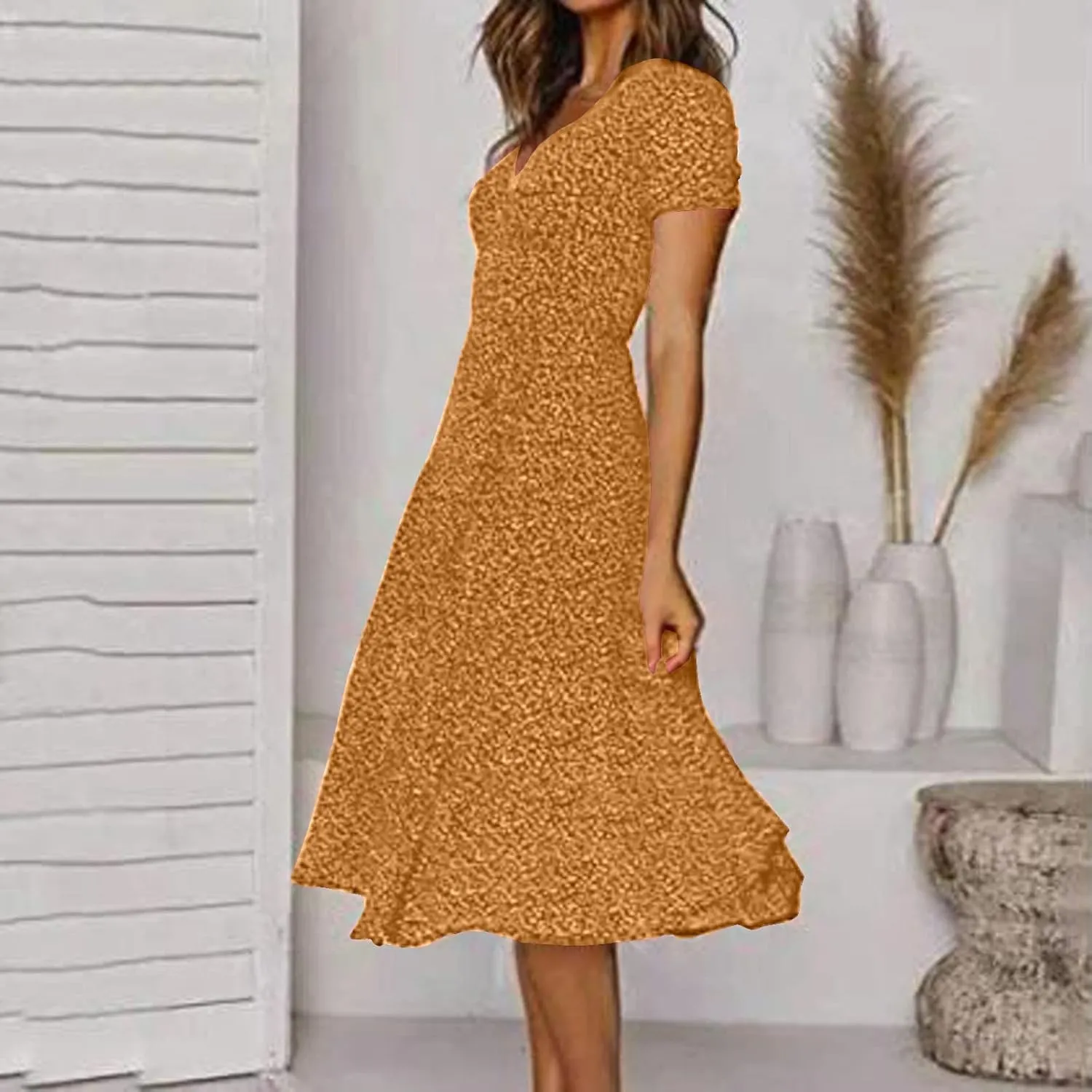 Womens Summer Dresses for Vacation Short Sleeve V Neck Polka Dot Dress Elegant Ruffle Hem Swing Flowy Midi Dress