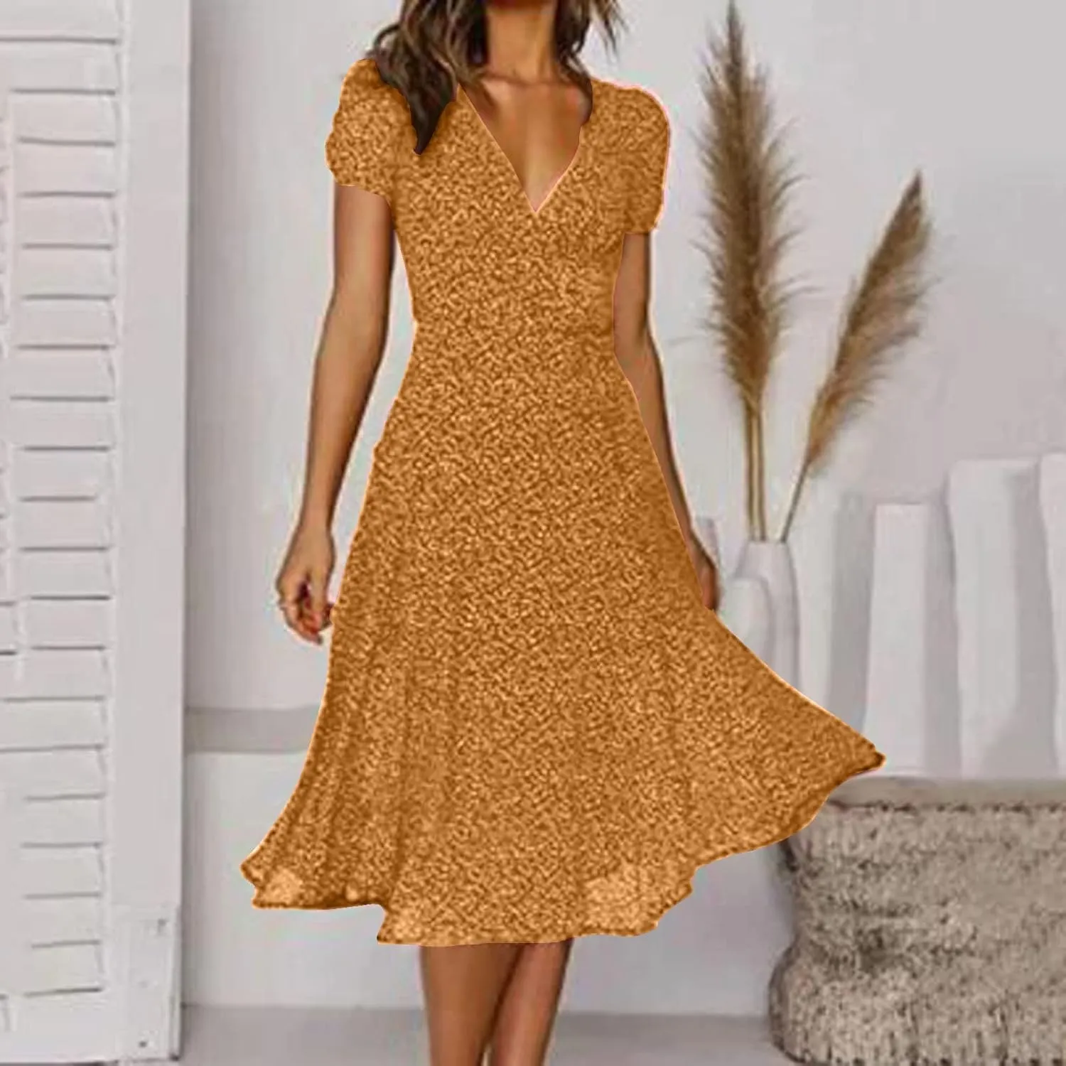 Womens Summer Dresses for Vacation Short Sleeve V Neck Polka Dot Dress Elegant Ruffle Hem Swing Flowy Midi Dress