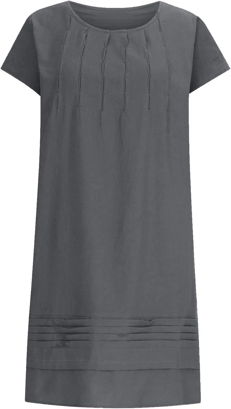 Women's Summer Linen Dress Pleated Cap Sleeve Crewneck Midi Dresses Plus Size Loose Vintage Casual Sundress