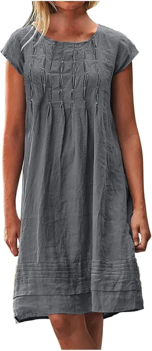 Women's Summer Linen Dress Pleated Cap Sleeve Crewneck Midi Dresses Plus Size Loose Vintage Casual Sundress