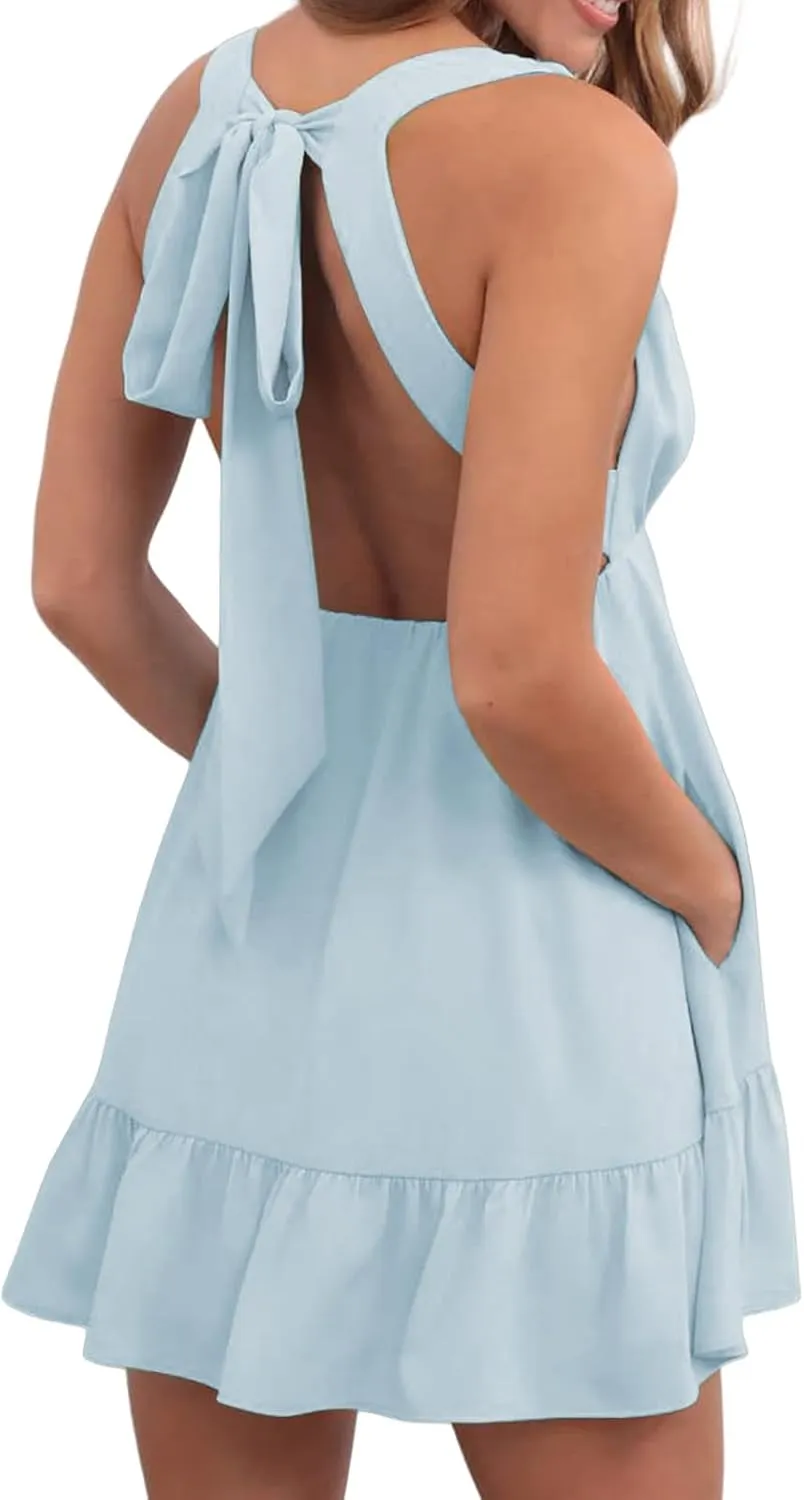 Womens Summer Mini Dress Sleeveless V Neck Backless Dresses Ruffle Tie Back Casual Short Dresses Beach Sundresses