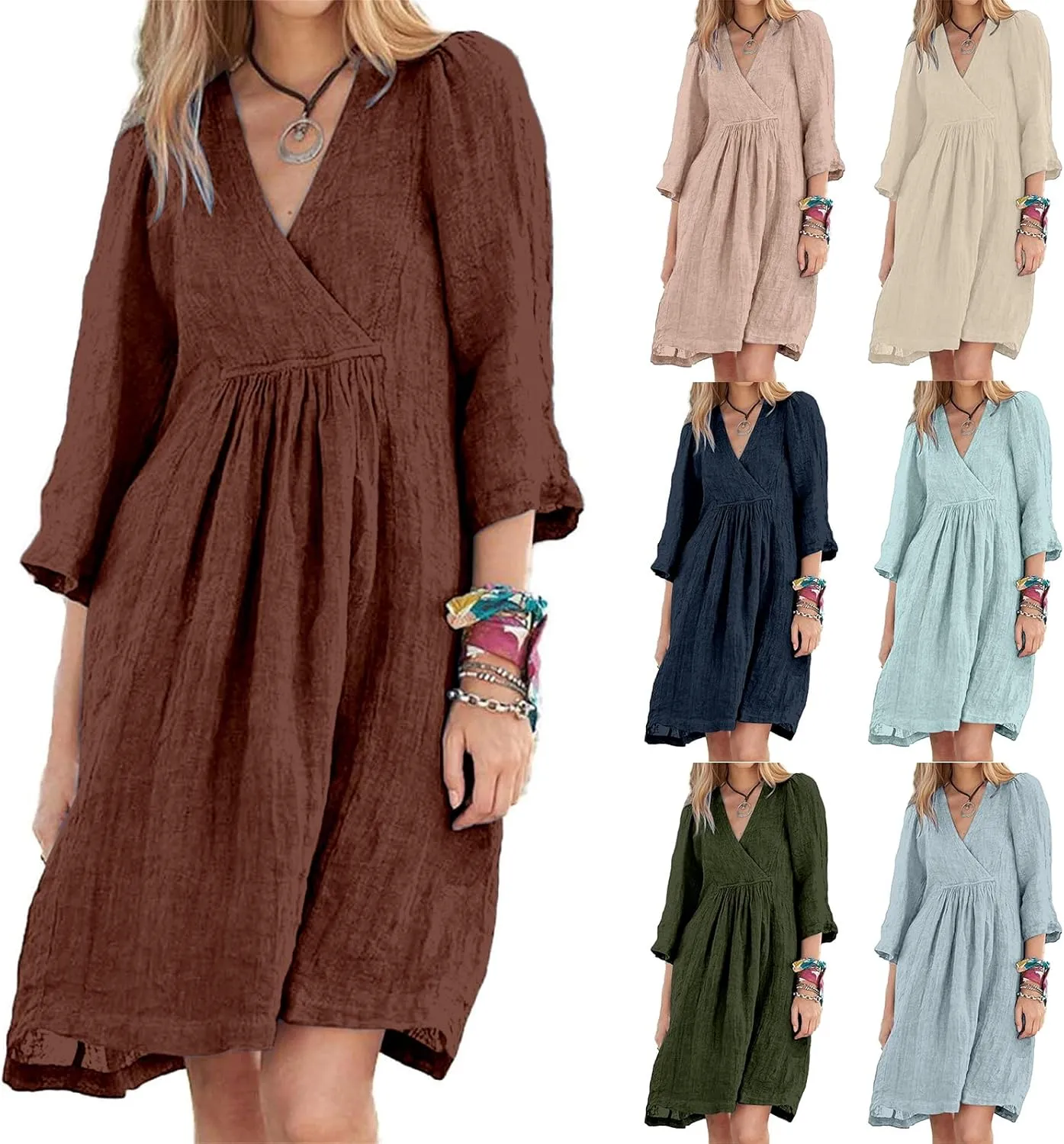 Womens Summer Spring Dresses Casual Cotton Linen V-Neck 3/4 Sleeve Ruffled Flowy Swing Mini Dress Vacation Outfit